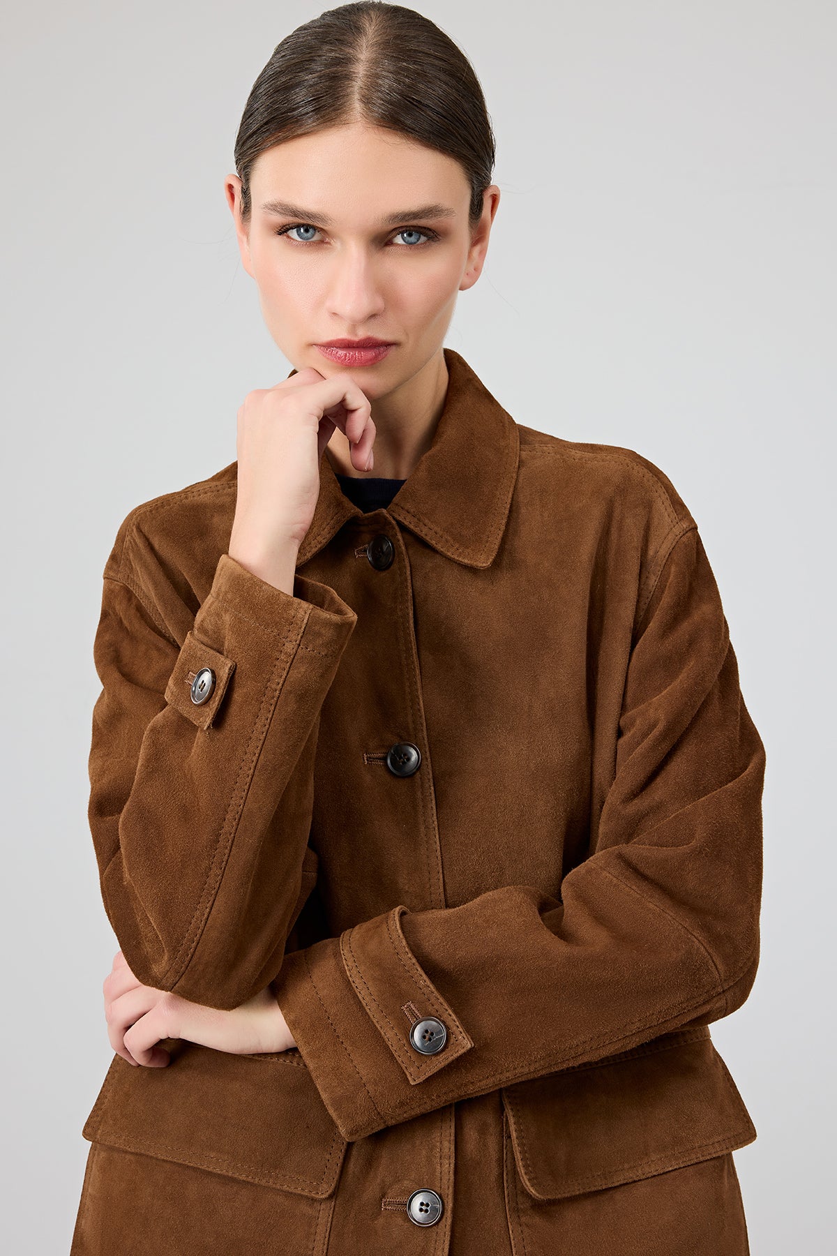 Petra Kadın Kahverengi Gömlek Yaka Oversize Süet Deri Ceket