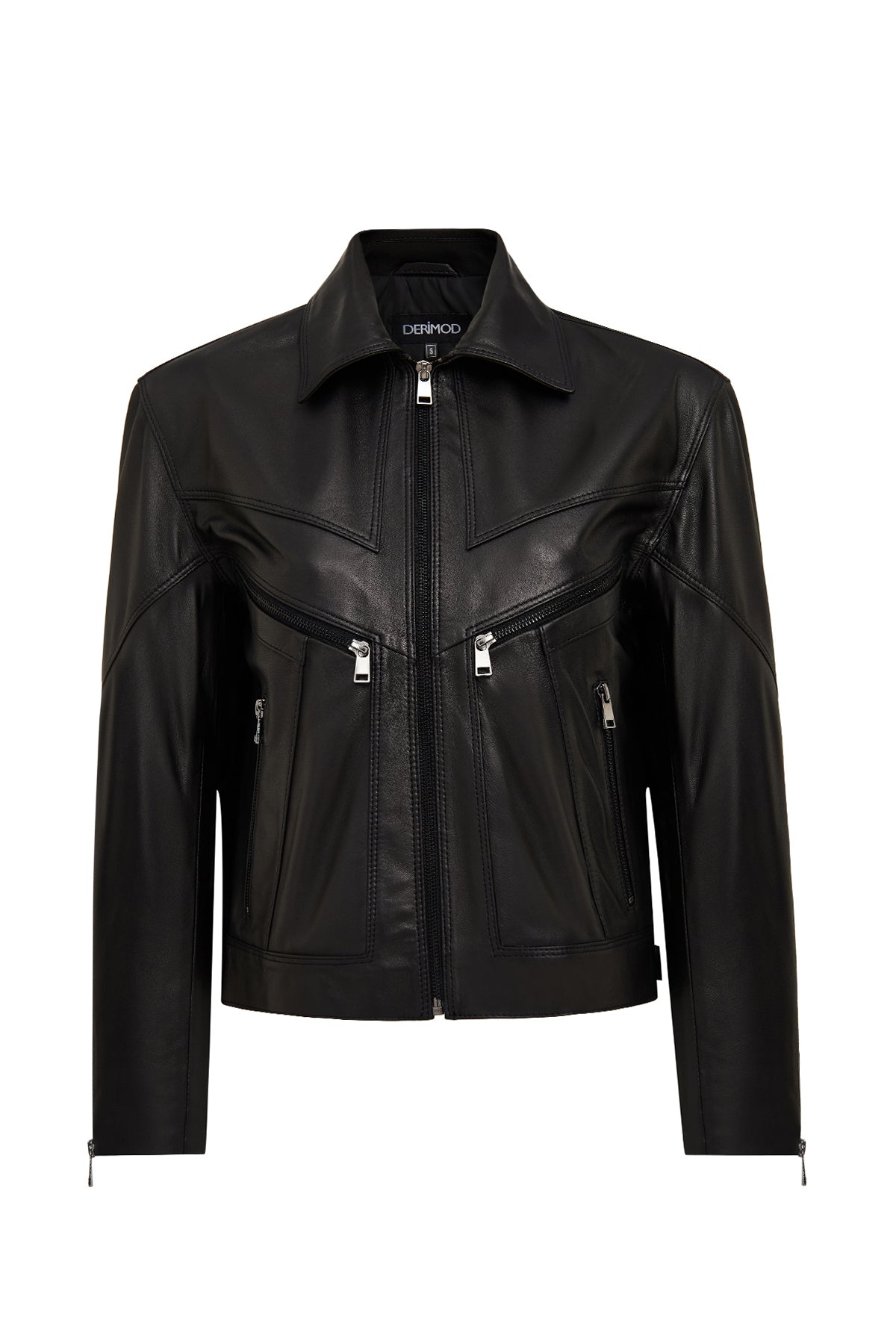 Vanessa Kadın Siyah Gömlek Yaka Kısa Oversize Deri Ceket 25WGD5325U4 | Derimod