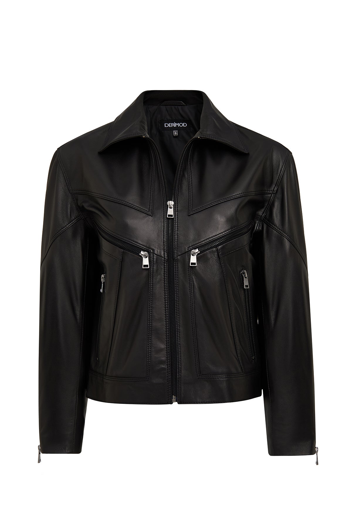 Vanessa Kadın Siyah Gömlek Yaka Kısa Oversize Deri Ceket