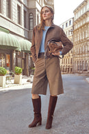 Gina Kadın Kahverengi Hakim Yaka Oversize Kısa Süet Deri Ceket | Derimod