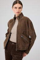 Gina Kadın Kahverengi Hakim Yaka Oversize Kısa Süet Deri Ceket | Derimod