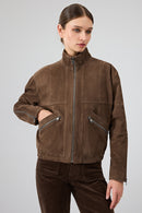 Gina Kadın Kahverengi Hakim Yaka Oversize Kısa Süet Deri Ceket | Derimod