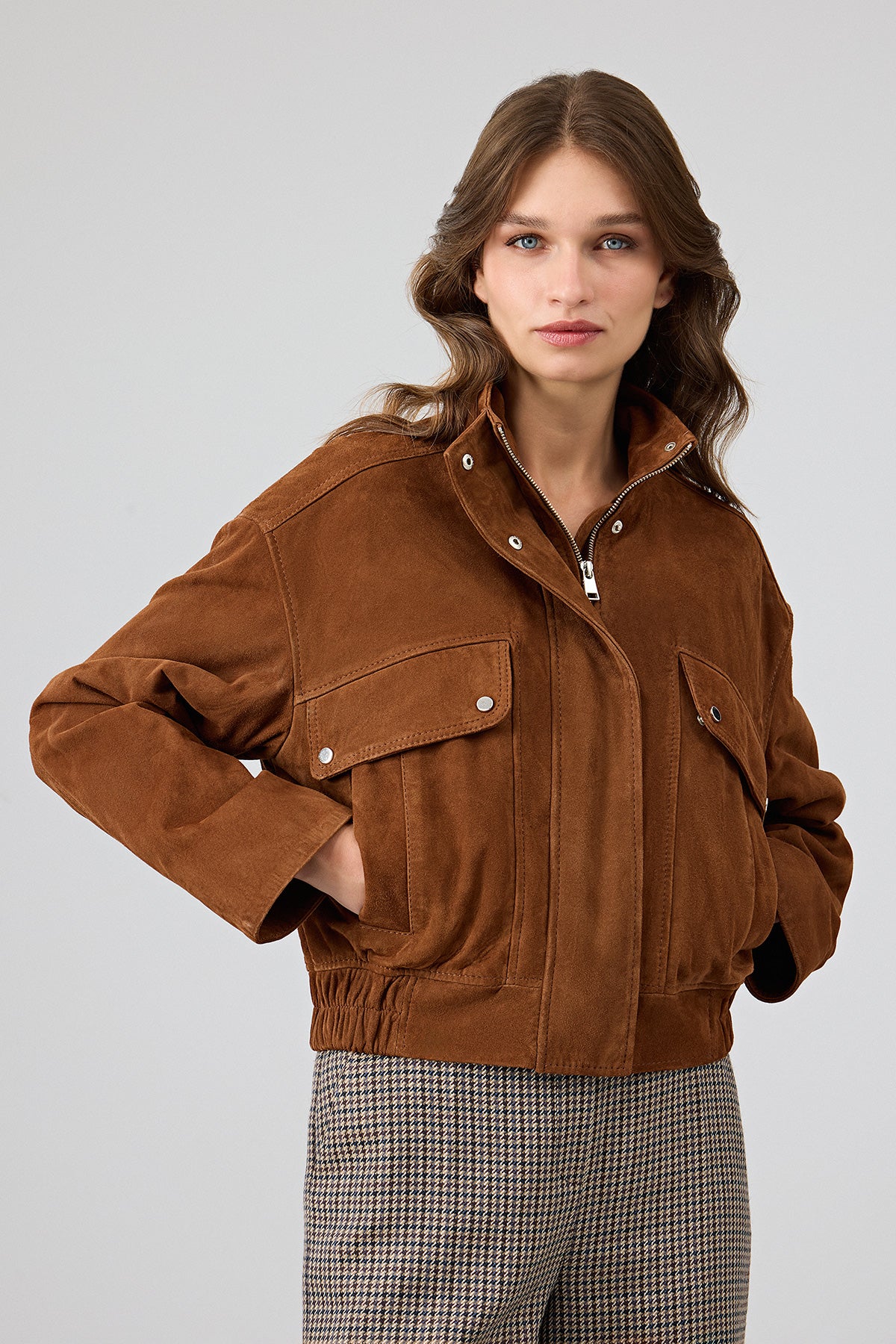 Anita Kadın Kahverengi Oversize Kısa Süet Deri Mont