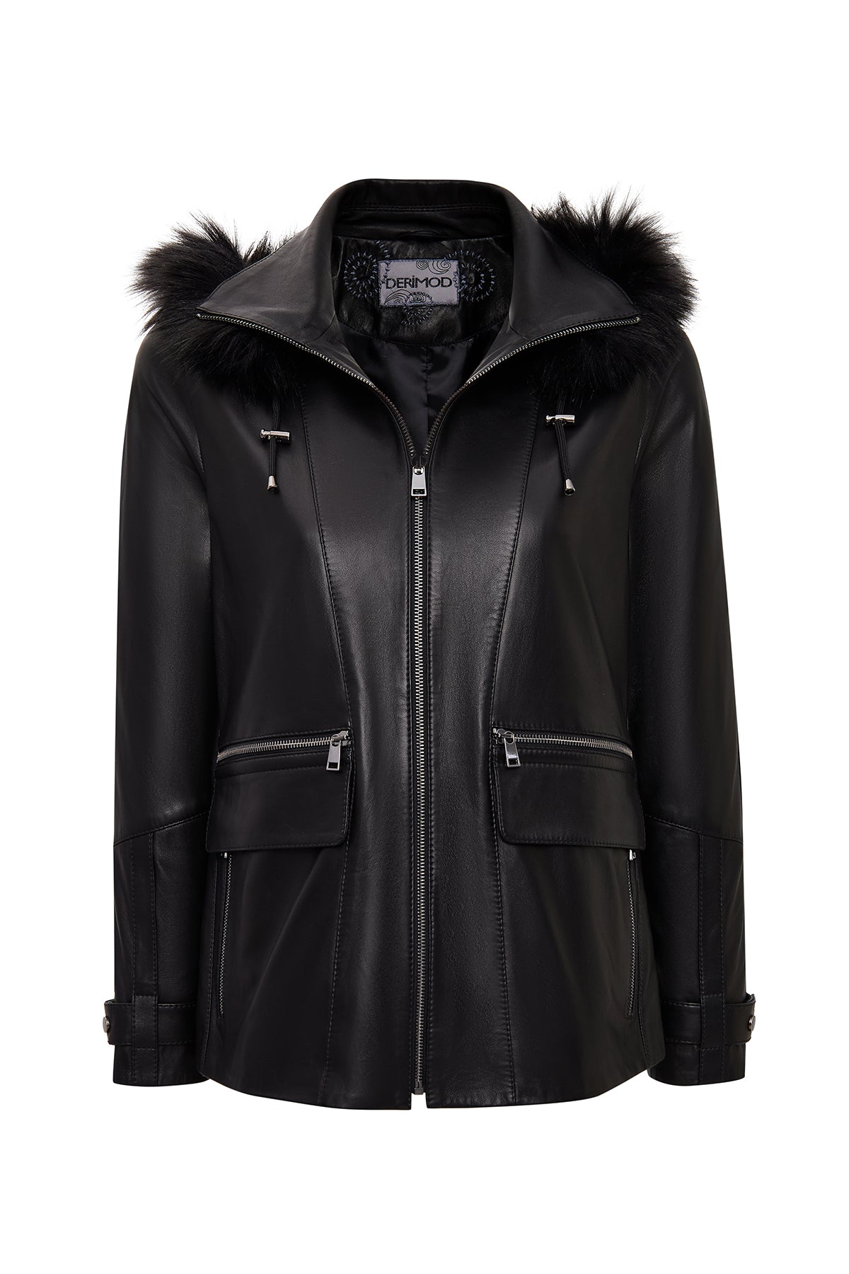 Chantal Kadın Siyah Kapüşonlu Kürklü Oversize Deri Kaban