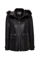 Chantal Kadın Siyah Kapüşonlu Kürklü Oversize Deri Kaban | Derimod