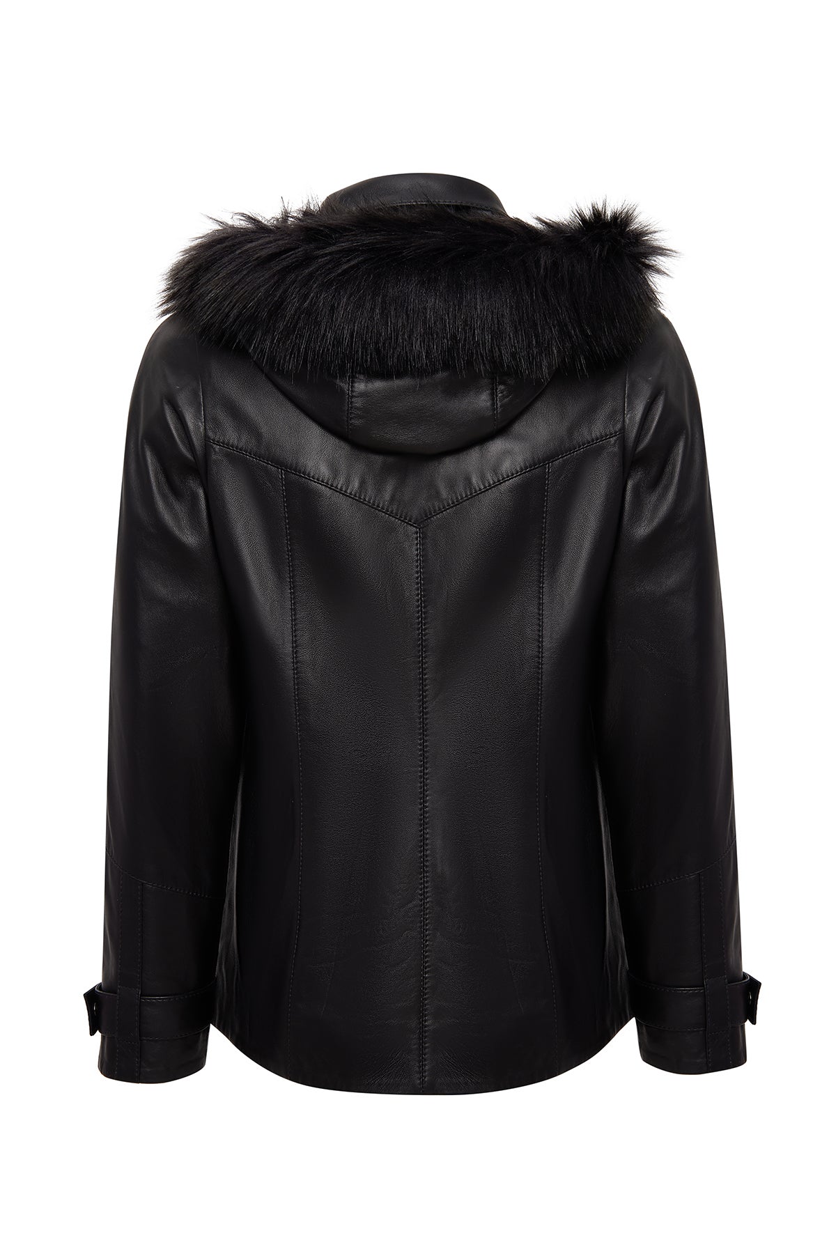 Chantal Kadın Siyah Kapüşonlu Kürklü Oversize Deri Kaban