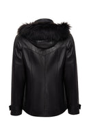 Chantal Kadın Siyah Kapüşonlu Kürklü Oversize Deri Kaban | Derimod
