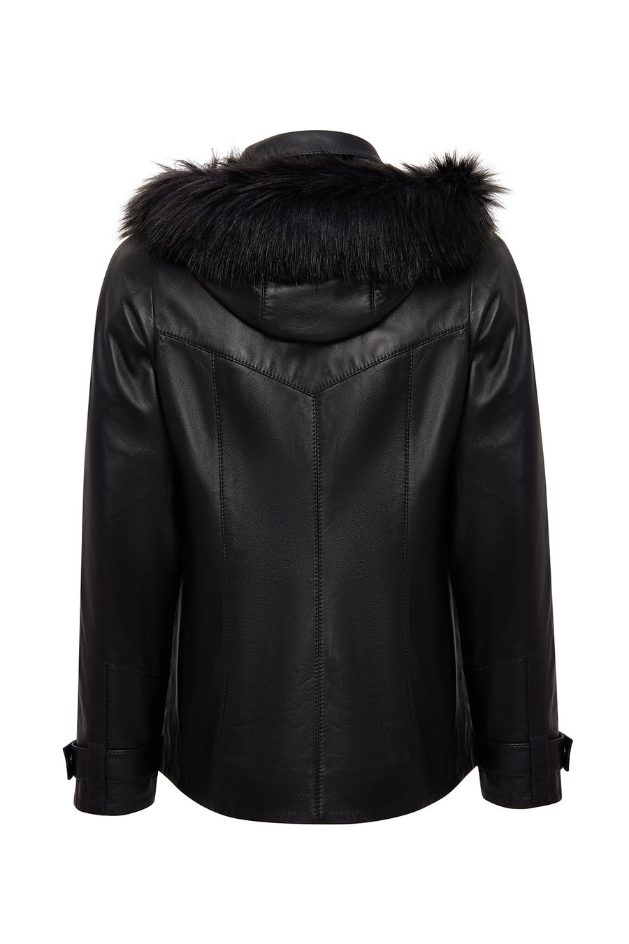 Chantal Women's Black Hooded Fur Oversize Leather Coat