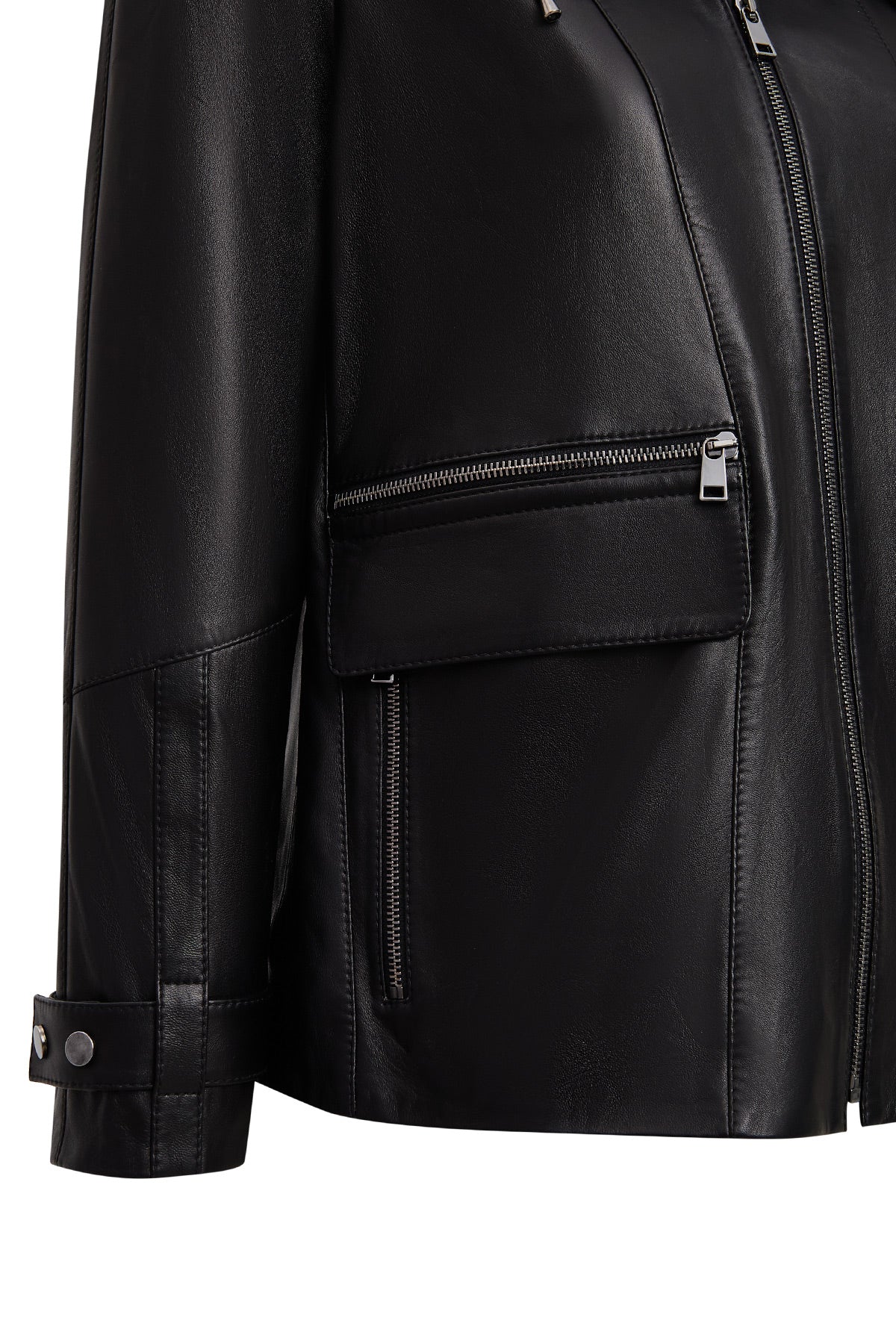 Chantal Kadın Siyah Kapüşonlu Kürklü Oversize Deri Kaban