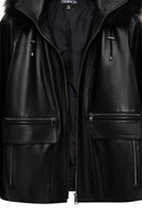 Chantal Kadın Siyah Kapüşonlu Kürklü Oversize Deri Kaban | Derimod