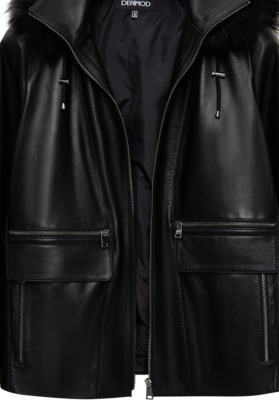 Chantal Women's Black Hooded Fur Oversize Leather Coat