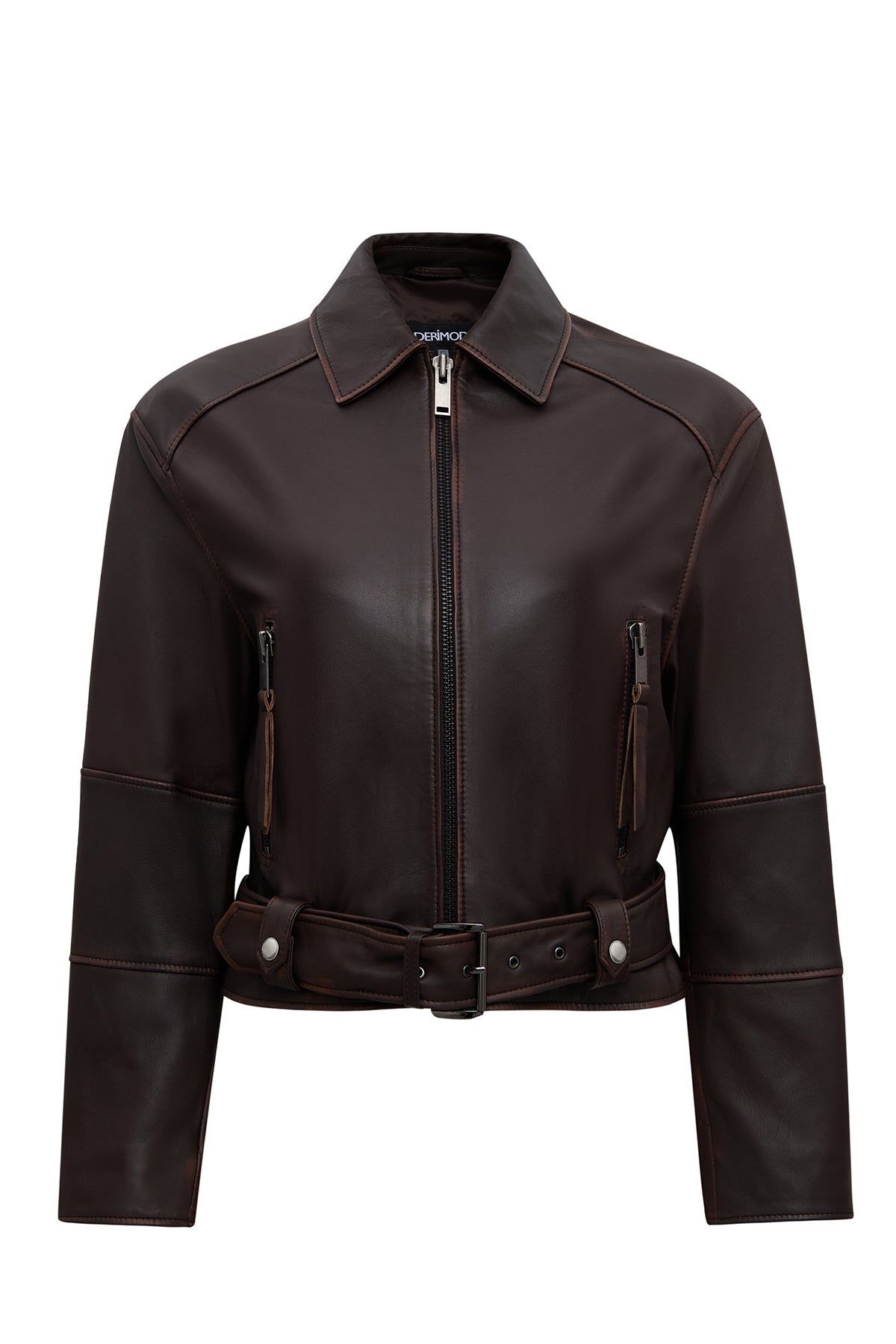 Love Kadın Kahverengi Gömlek Yaka Vintage Oversize Deri Ceket 25WGD5607VD | Derimod