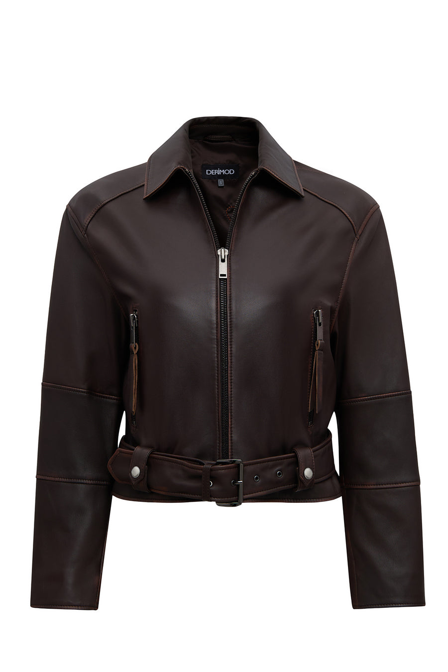 Love Women's Brown Shirt Collar Vintage Oversize Leather Jacket