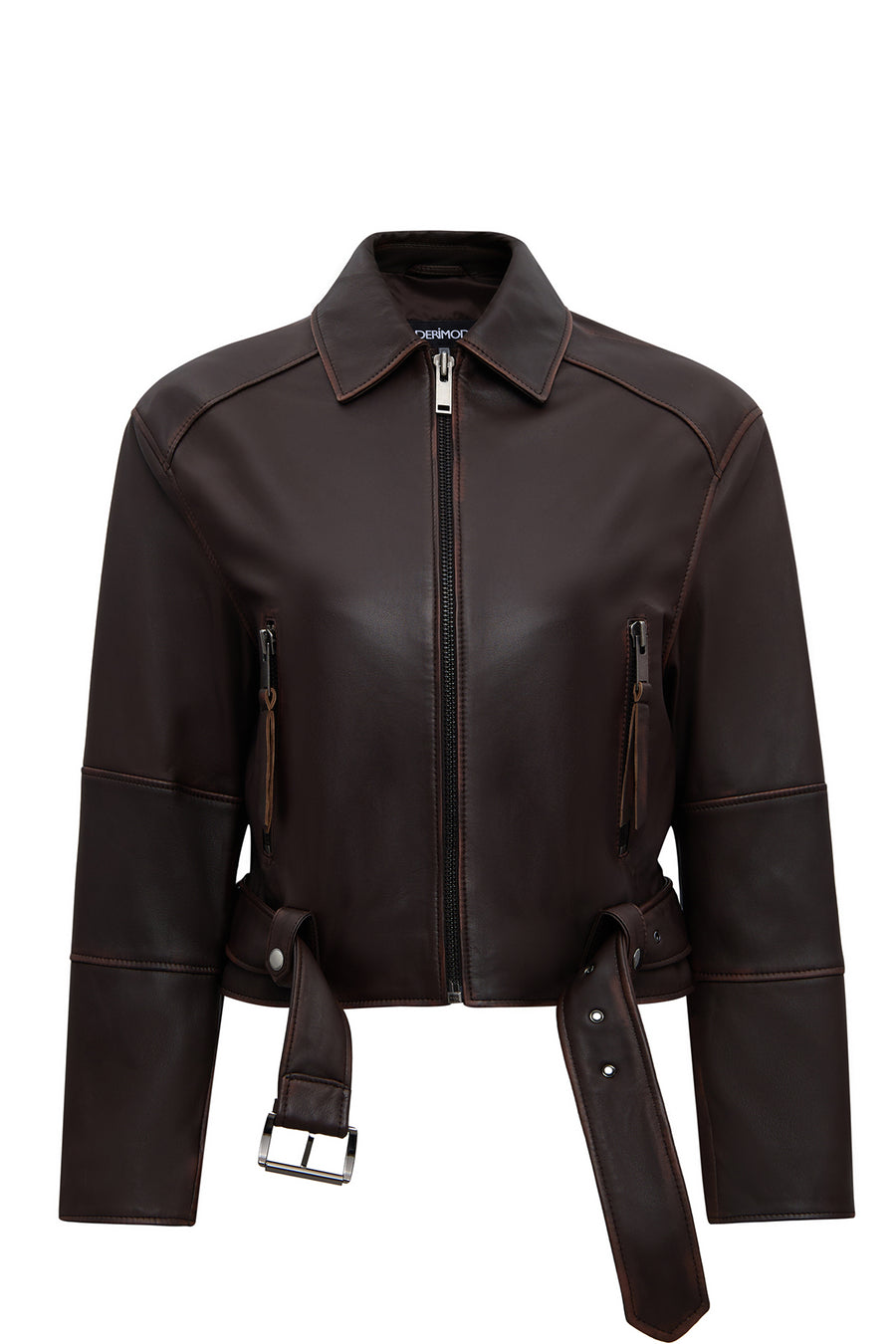 Love Women's Brown Shirt Collar Vintage Oversize Leather Jacket