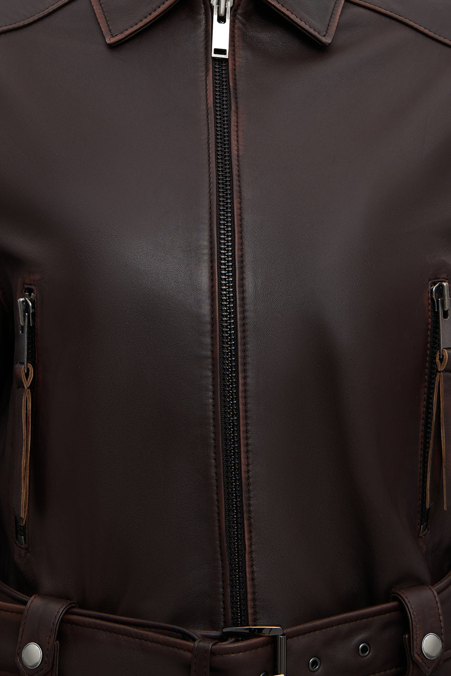 Love Women's Brown Shirt Collar Vintage Oversize Leather Jacket