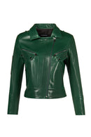 Roma Kadın Yeşil Kısa Biker Deri Ceket | Derimod