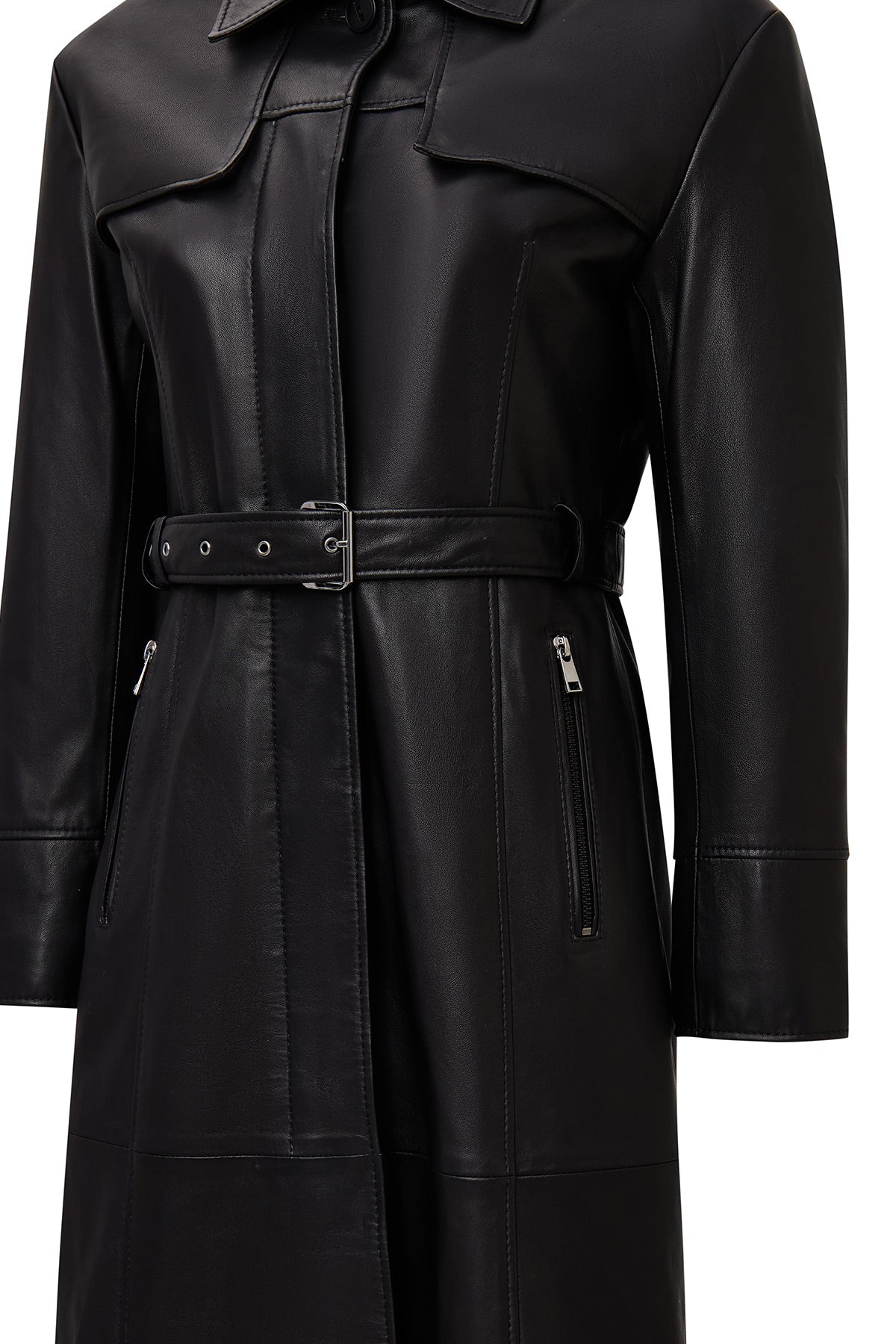 Betina Kadın Siyah Gömlek Yaka Deri Pardösü