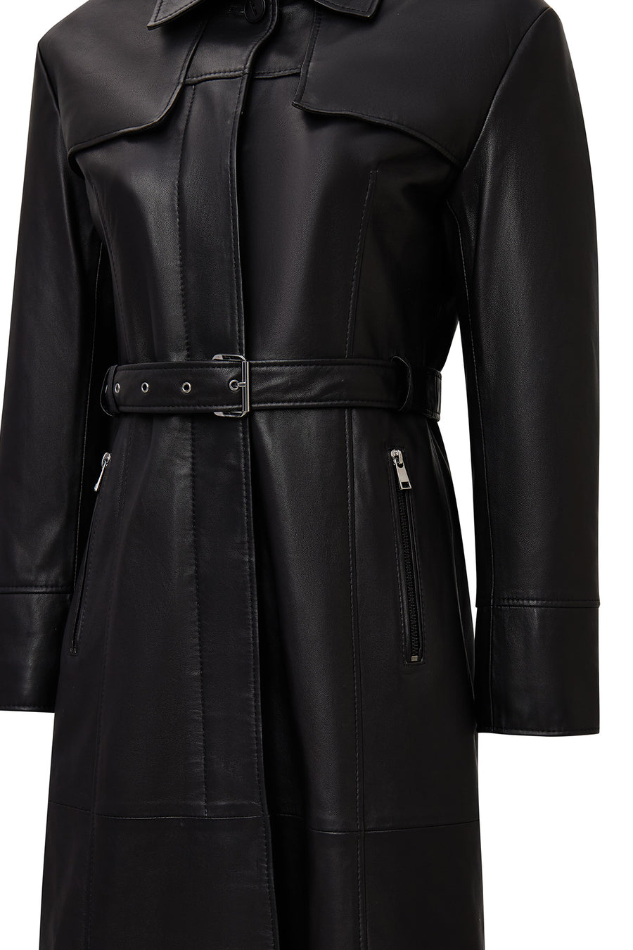 Betina Women's Black Shirt Collar Leather Overcoat