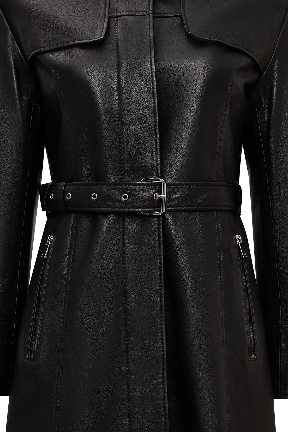 Betina Kadın Siyah Gömlek Yaka Deri Pardösü