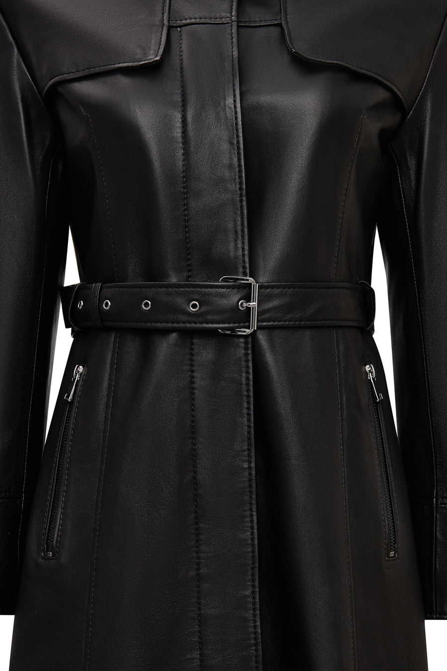 Betina Women's Black Shirt Collar Leather Overcoat