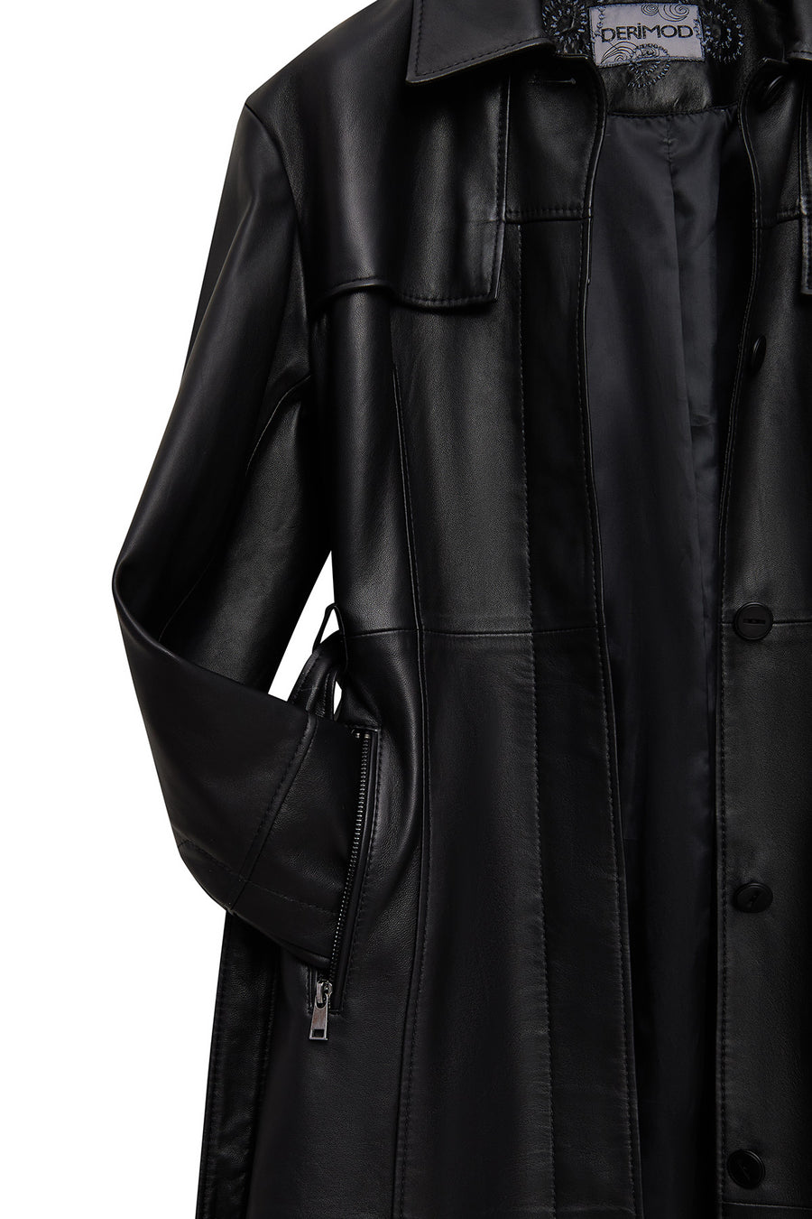 Betina Women's Black Shirt Collar Leather Overcoat