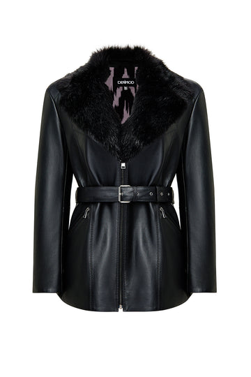 Scarlet Kadın Siyah Kürk Yaka Deri Mont 25WGD5621U5 | Derimod