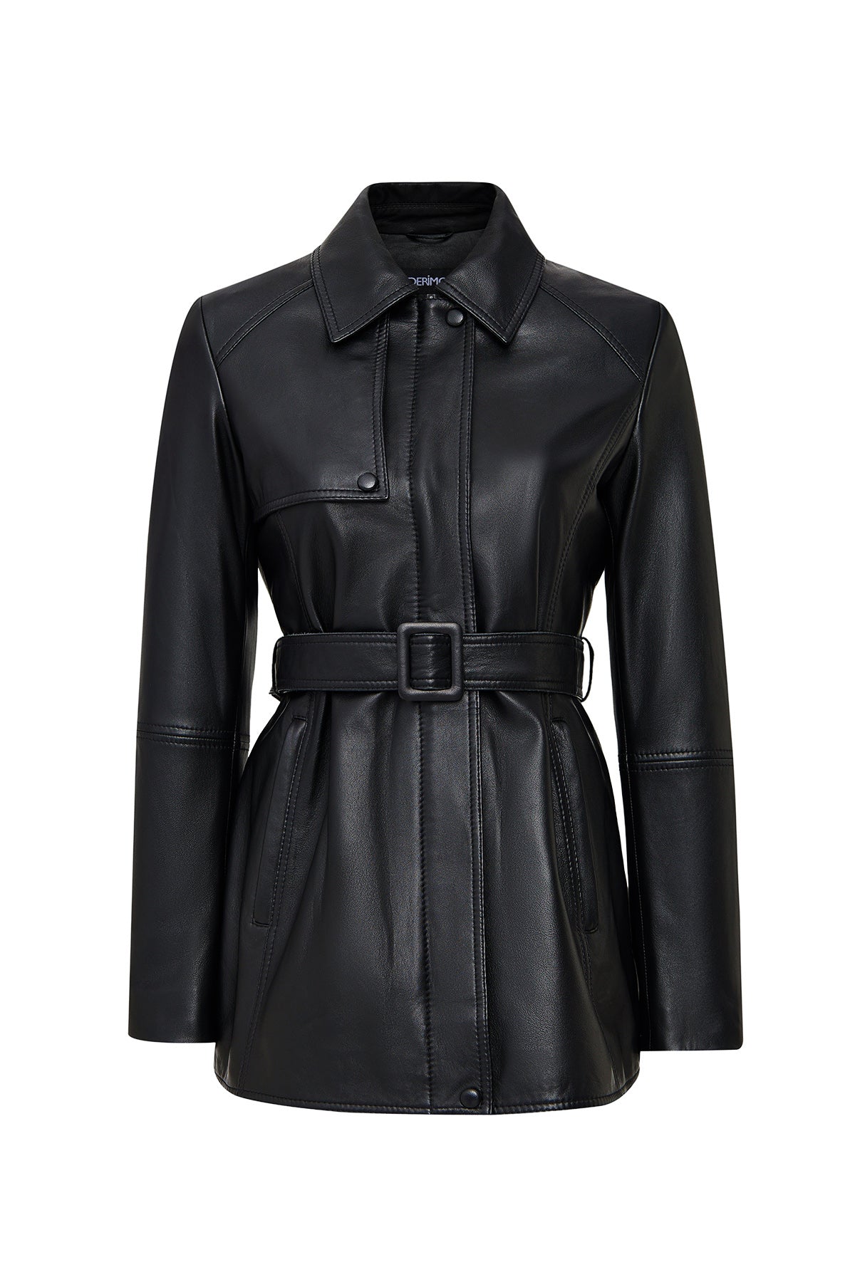 Cordelia Kadın Siyah Kemer Detaylı Gömlek Yaka Deri Kaban