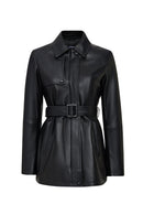 Cordelia Kadın Siyah Kemer Detaylı Gömlek Yaka Deri Kaban | Derimod