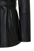 Cordelia Kadın Siyah Kemer Detaylı Gömlek Yaka Deri Kaban | Derimod