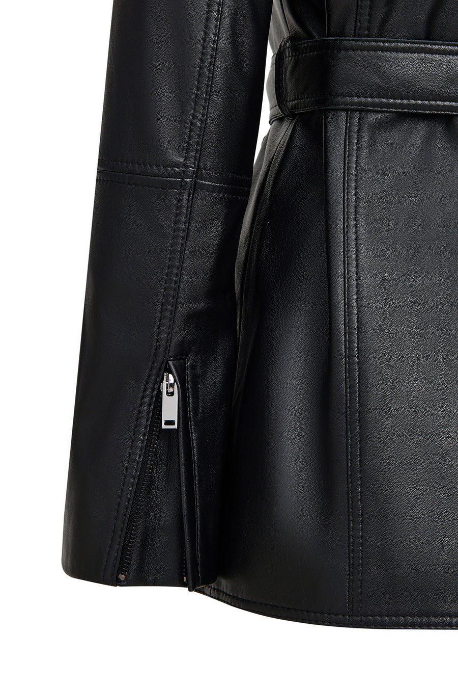 Cordelia Woman Black Belt Detailed Shirt Collar Leather Coat