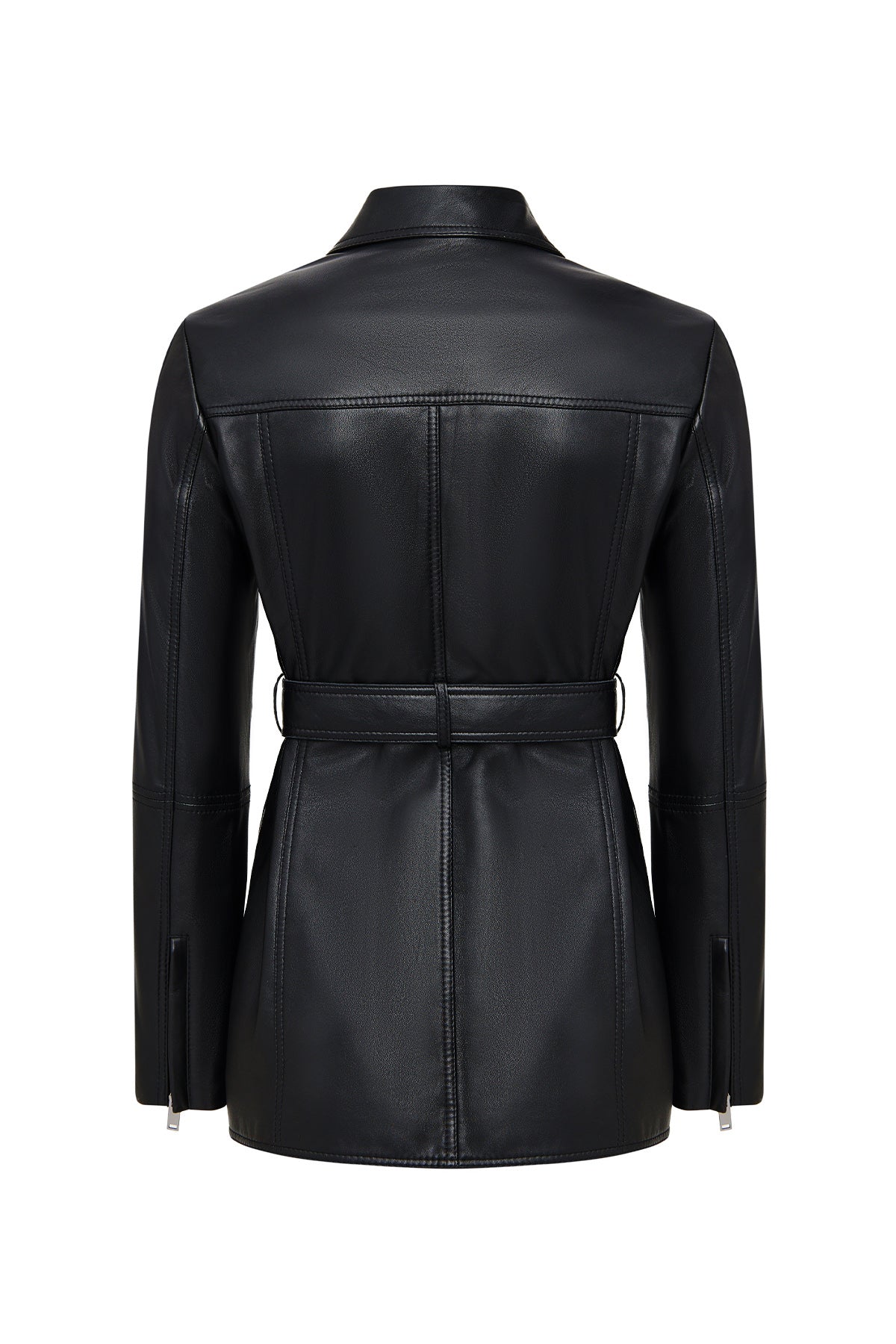 Cordelia Kadın Siyah Kemer Detaylı Gömlek Yaka Deri Kaban