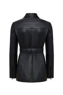 Cordelia Kadın Siyah Kemer Detaylı Gömlek Yaka Deri Kaban | Derimod