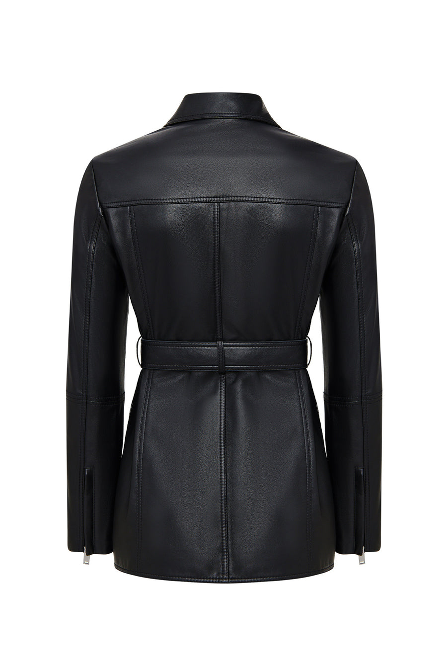 Cordelia Woman Black Belt Detailed Shirt Collar Leather Coat