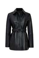 Cordelia Kadın Siyah Kemer Detaylı Gömlek Yaka Deri Kaban | Derimod