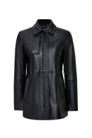 Cordelia Kadın Siyah Kemer Detaylı Gömlek Yaka Deri Kaban | Derimod