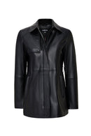 Cordelia Kadın Siyah Kemer Detaylı Gömlek Yaka Deri Kaban | Derimod