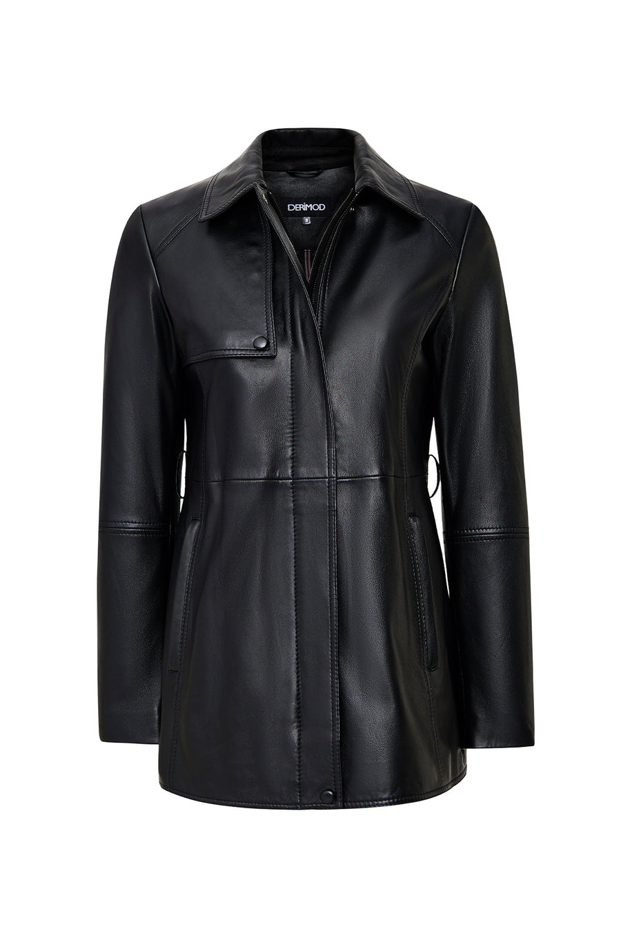 Cordelia Woman Black Belt Detailed Shirt Collar Leather Coat