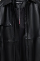 Cordelia Kadın Siyah Kemer Detaylı Gömlek Yaka Deri Kaban | Derimod