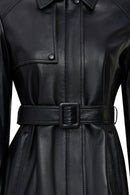 Cordelia Kadın Siyah Kemer Detaylı Gömlek Yaka Deri Kaban | Derimod