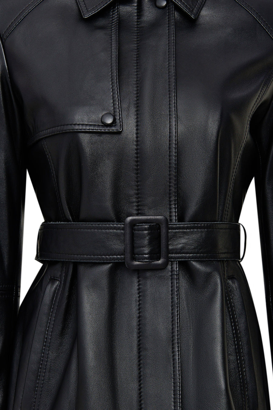 Cordelia Woman Black Belt Detailed Shirt Collar Leather Coat