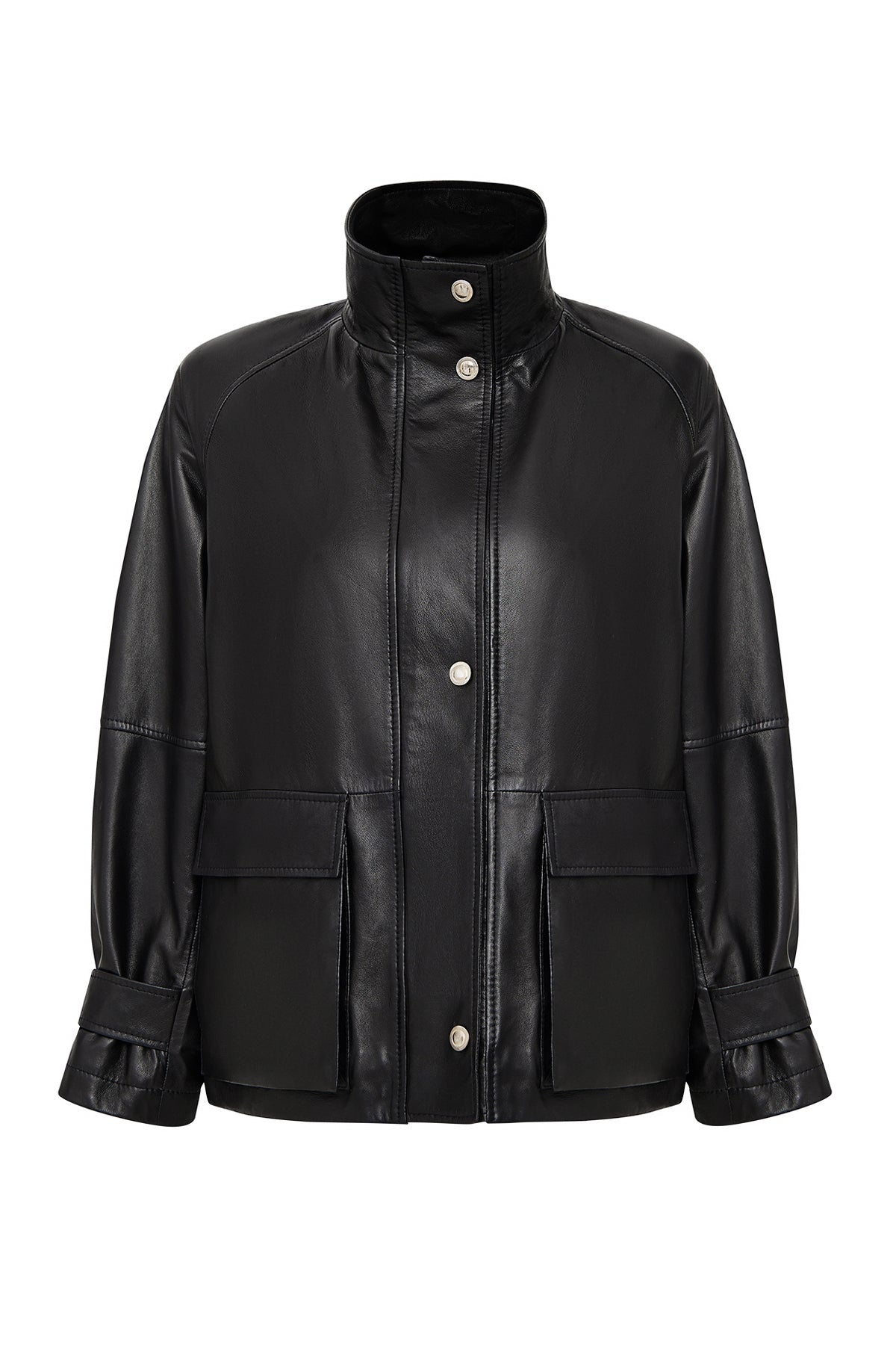 Fancy Kadın Siyah Devrik Yaka Oversize Deri Mont