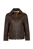 Garcia Kadın Kahverengi Gömlek Yaka Oversize Deri Ceket | Derimod