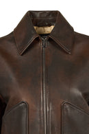 Garcia Kadın Kahverengi Gömlek Yaka Oversize Deri Ceket | Derimod