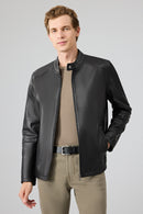 Insignia Men Black Stand Collar Leather Jacket | Derimod