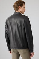 Insignia Men Black Stand Collar Leather Jacket | Derimod