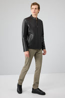 Insignia Men Black Stand Collar Leather Jacket | Derimod