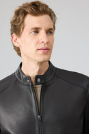 Insignia Men Black Stand Collar Leather Jacket | Derimod