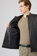 Insignia Men Black Stand Collar Leather Jacket | Derimod