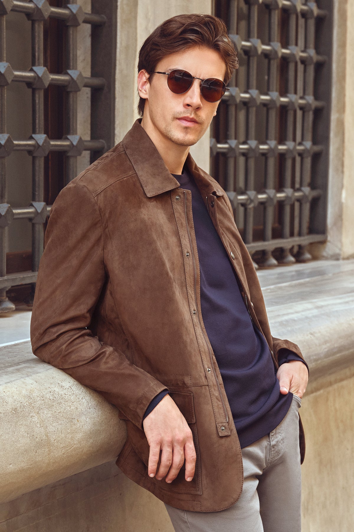 Salah Men's Tan Shirt Collar Suede Leather Jacket 25WGD658510 | Derimod