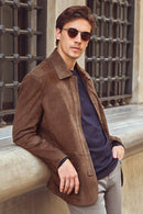 Salah Men's Tan Shirt Collar Suede Leather Jacket | Derimod